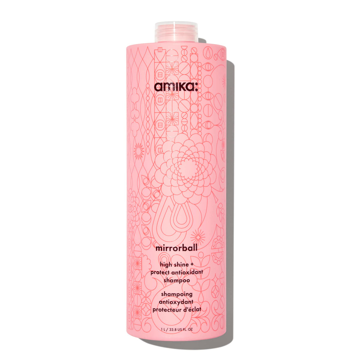 amika Mirrorball front packaging shows large 1000ml bottle and brand shine benefit