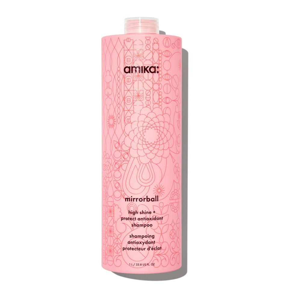 amika Mirrorball front packaging shows large 1000ml bottle and brand shine benefit