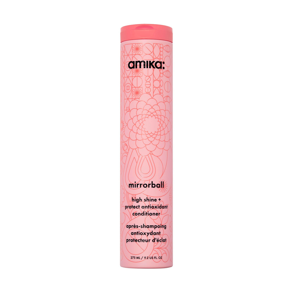 Amika front packaging showing bottle and label, highlights high shine benefit