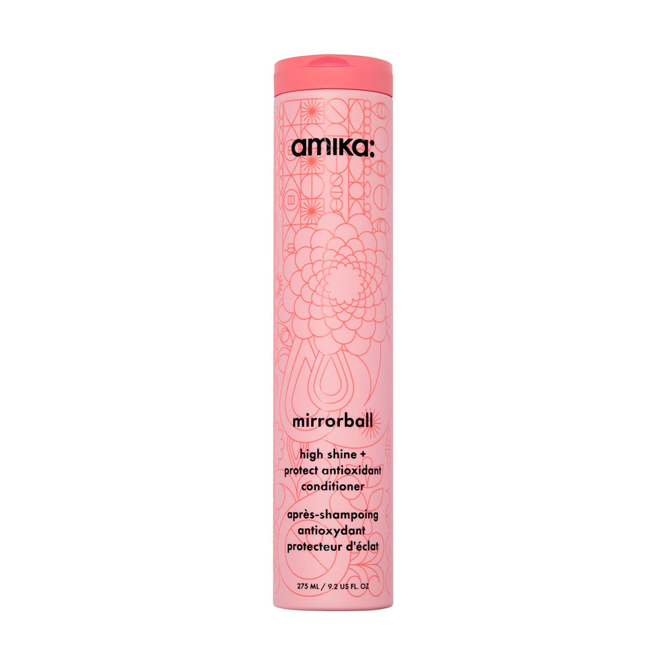Amika front packaging showing bottle and label, highlights high shine benefit