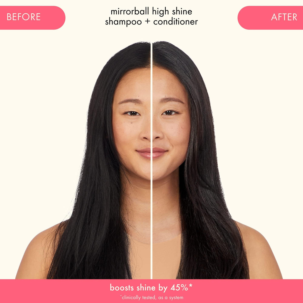 Amika mirrorball on model with shiny hair showcasing mirror-like shine and color protection