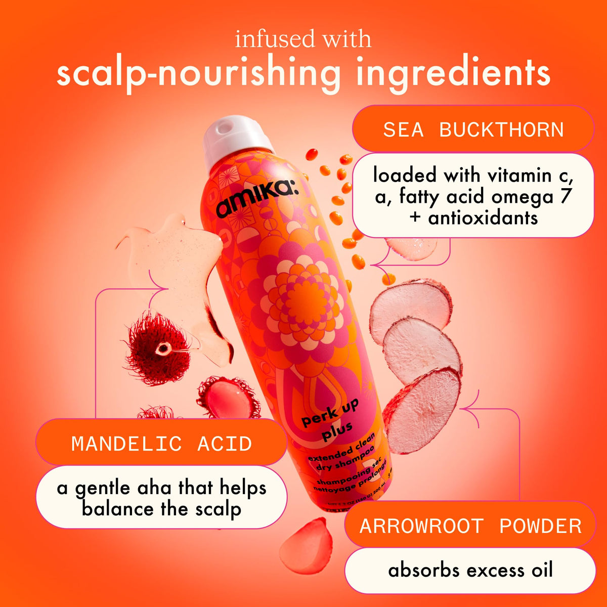 amika Perk Up Plus side label highlighting mandelic acid ingredient