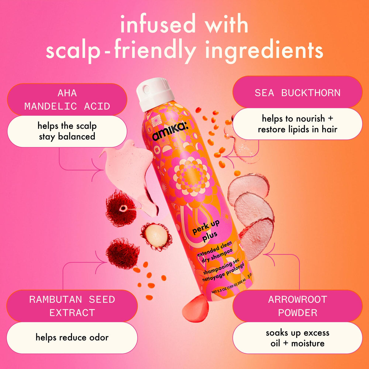 Amika spray action on hair demonstrating root refresh and volume boost