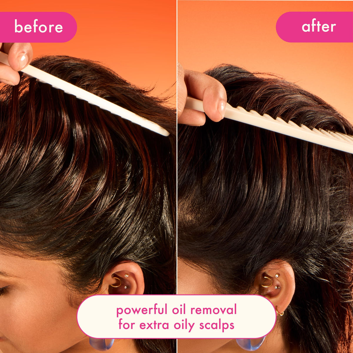amika before and after roots demonstrating reduced shine and refreshed hair appearance