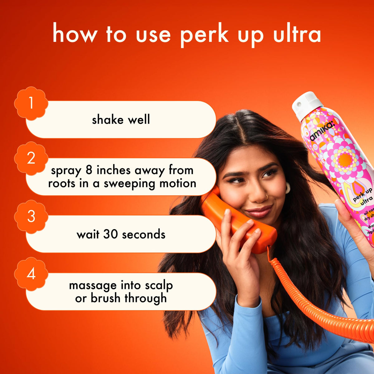 Amika Perk Up Ultra on bathroom counter in lifestyle shot showing daily refresh use