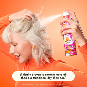 Amika Perk Up Ultra being sprayed at hair roots to instantly absorb grease