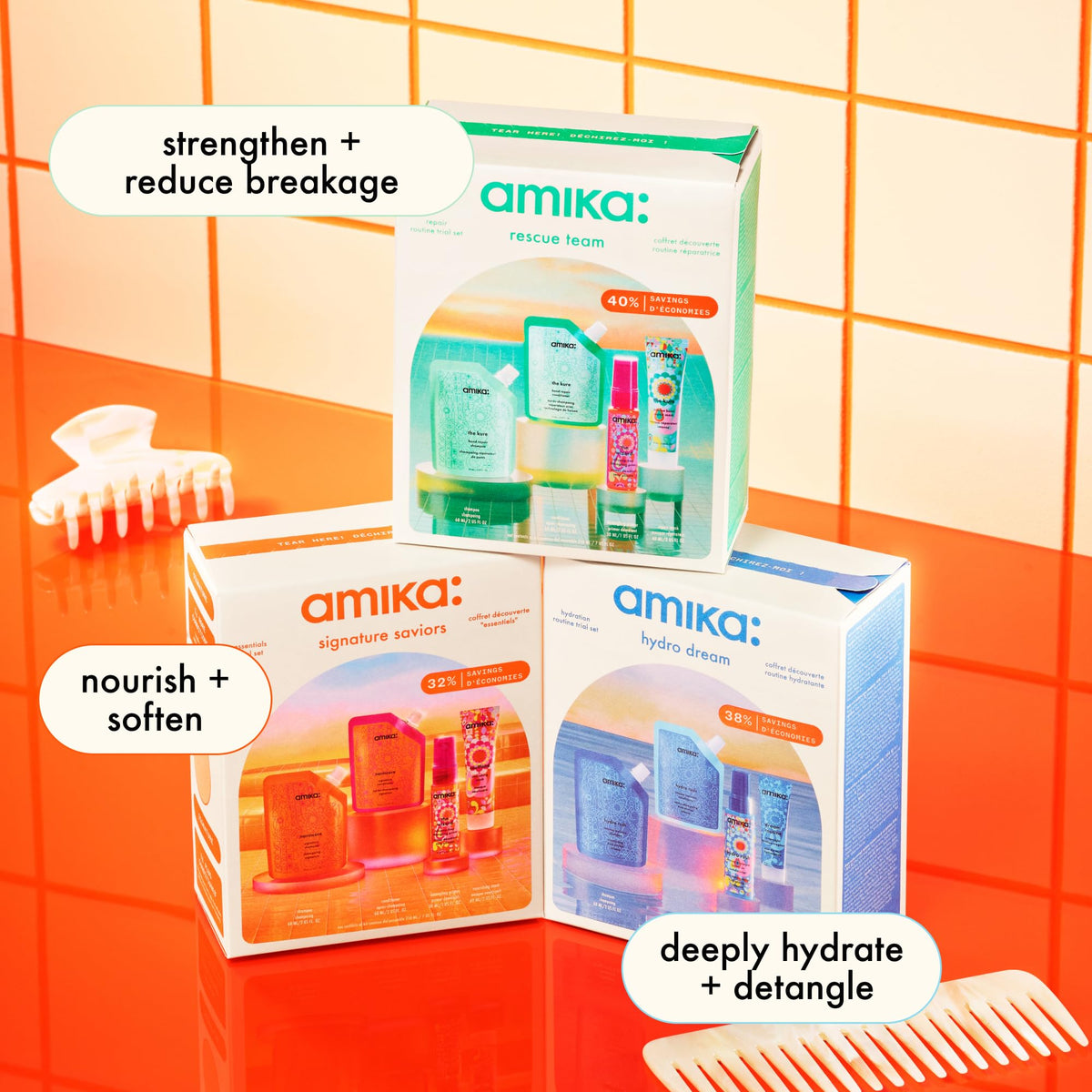 Amika minis next to boarding pass demonstrating travel-friendly sizes