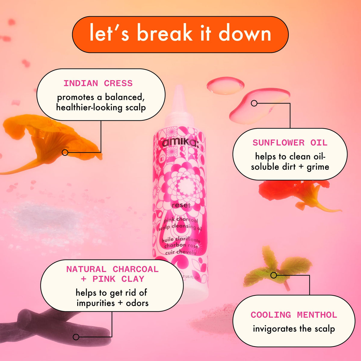 Amika Reset Pink Charcoal applied to scalp, helping loosen product residue effectively
