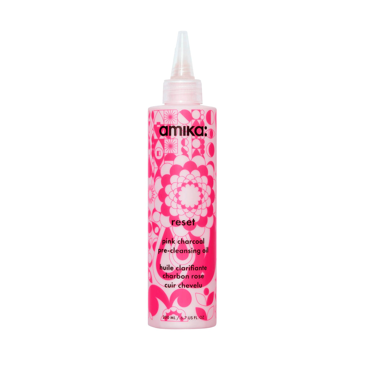 Amika Reset Pink Charcoal front packaging shows bottle and label, clarifying benefit
