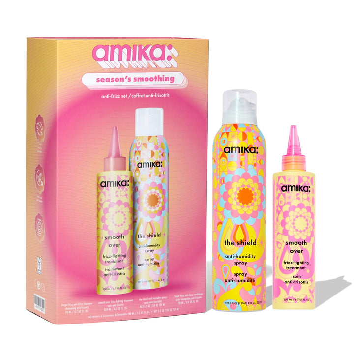 amika front packaging of limited-edition smoothing set, shows value