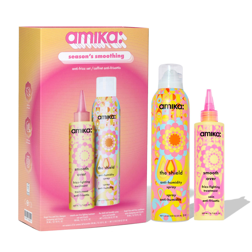 amika front packaging of limited-edition smoothing set, shows value
