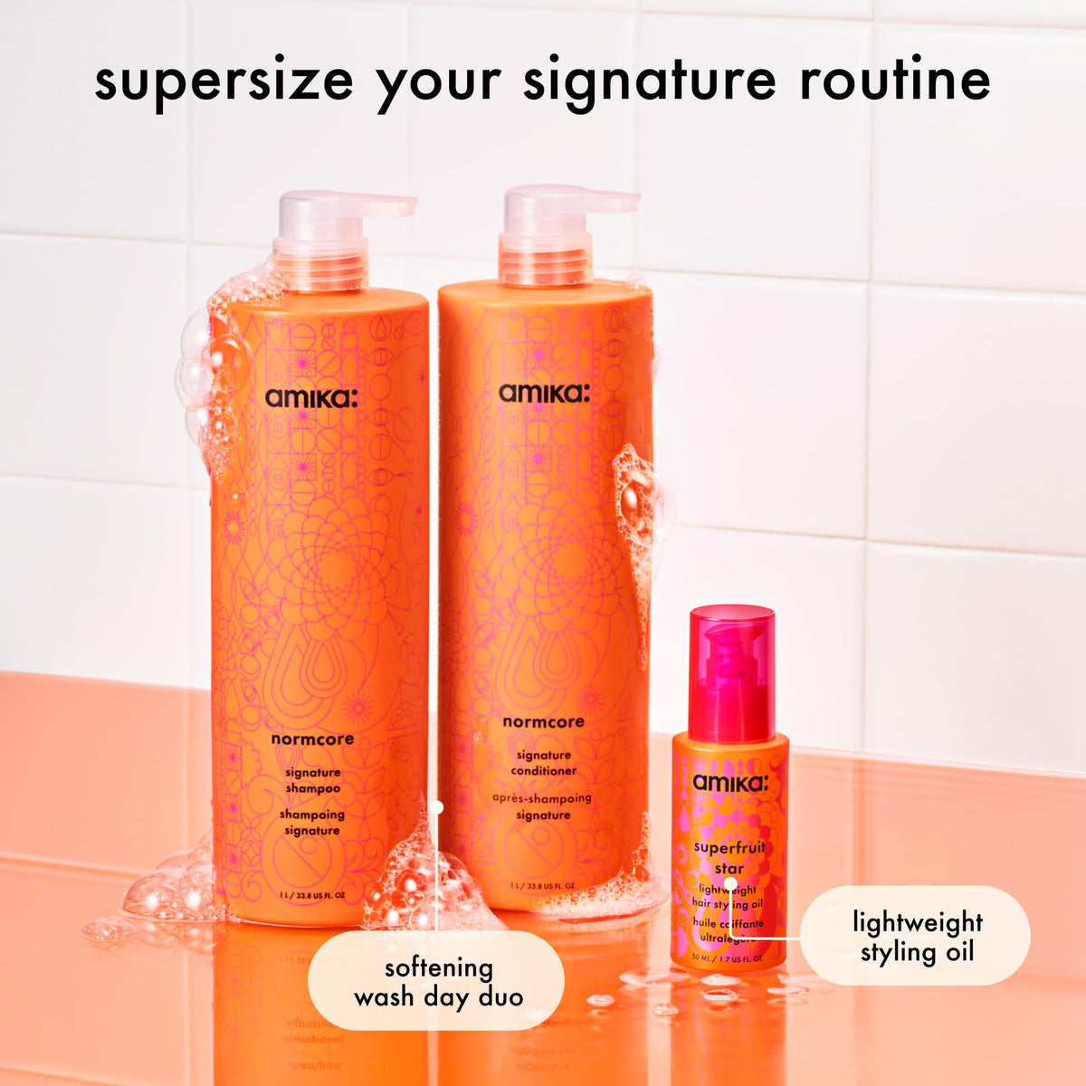 Amika shampoo pump closeup highlighting easy-dispense and gentle cleansing benefit