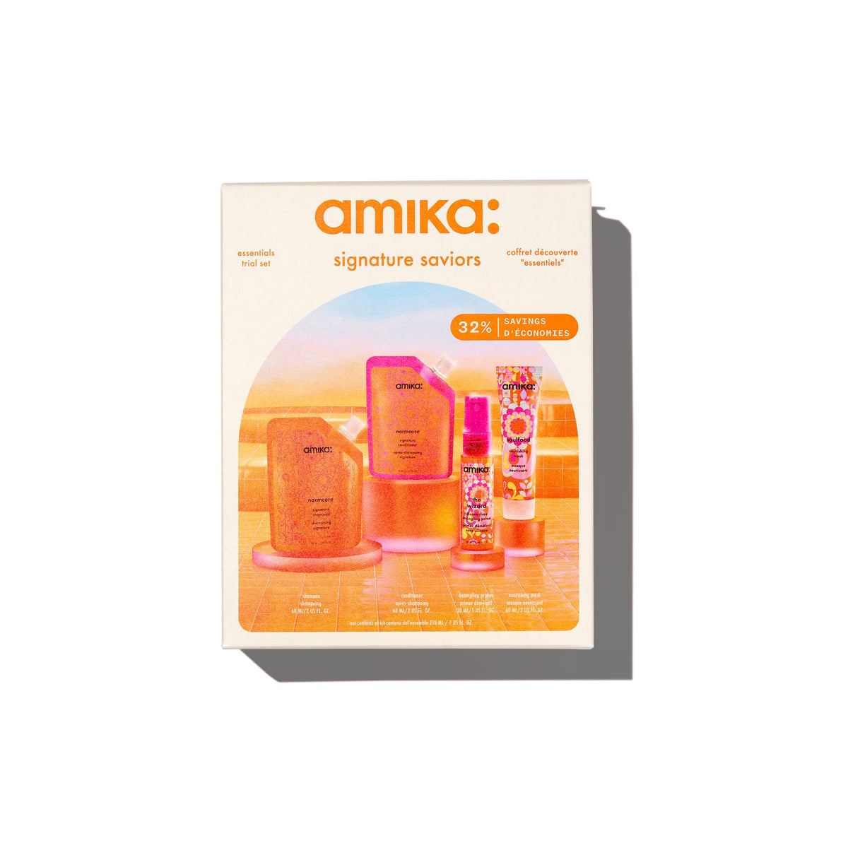 Amika travel set front packaging showing four minis and benefits