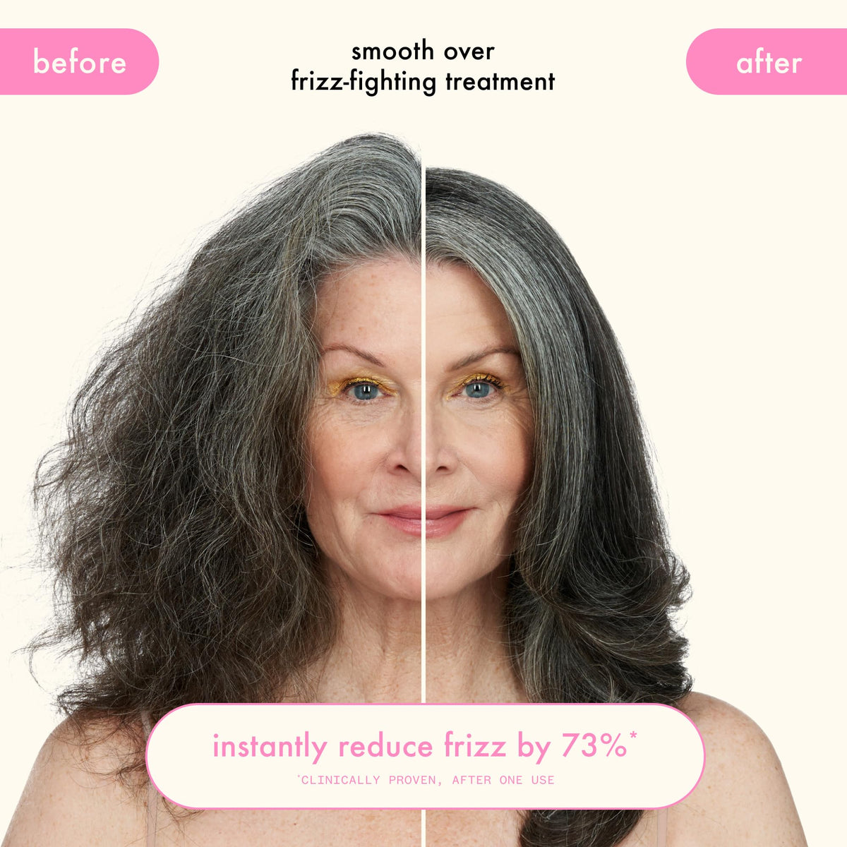 amika smooth over before and after hair comparison showing reduced frizz benefit