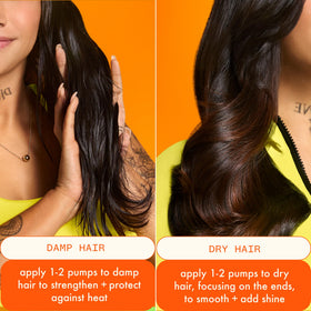 Amika styling oil application on dry hair showing frizz control and added shine