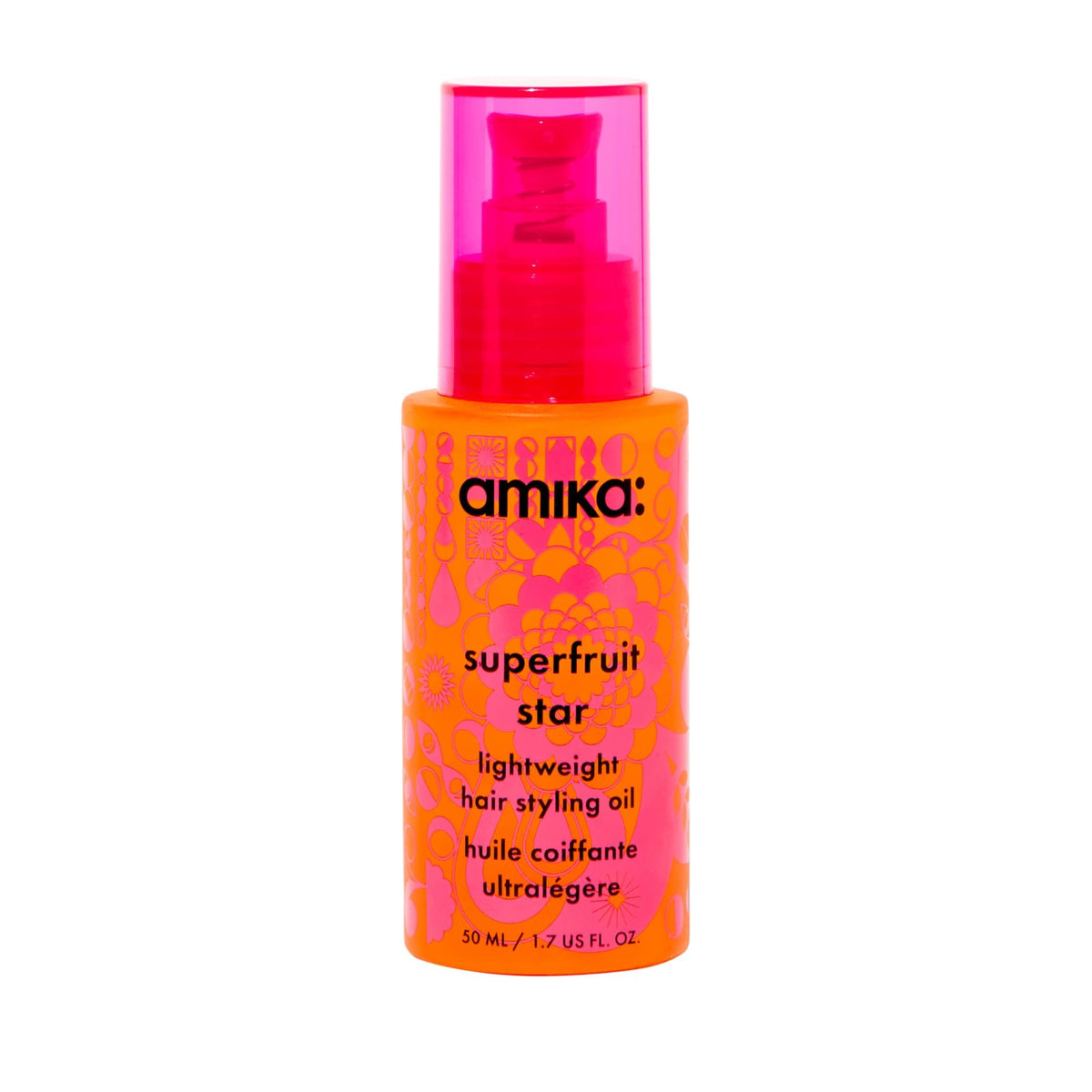 amika front packaging showing bottle and branding, lightweight shine