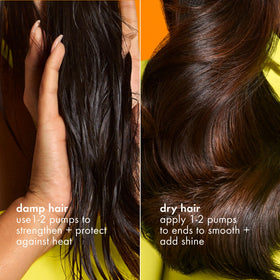 amika being applied to damp hair, smoothing strands and aiding heat protection