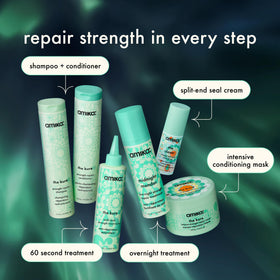amika The Closer bottle label detail showing brand and product benefits clearly