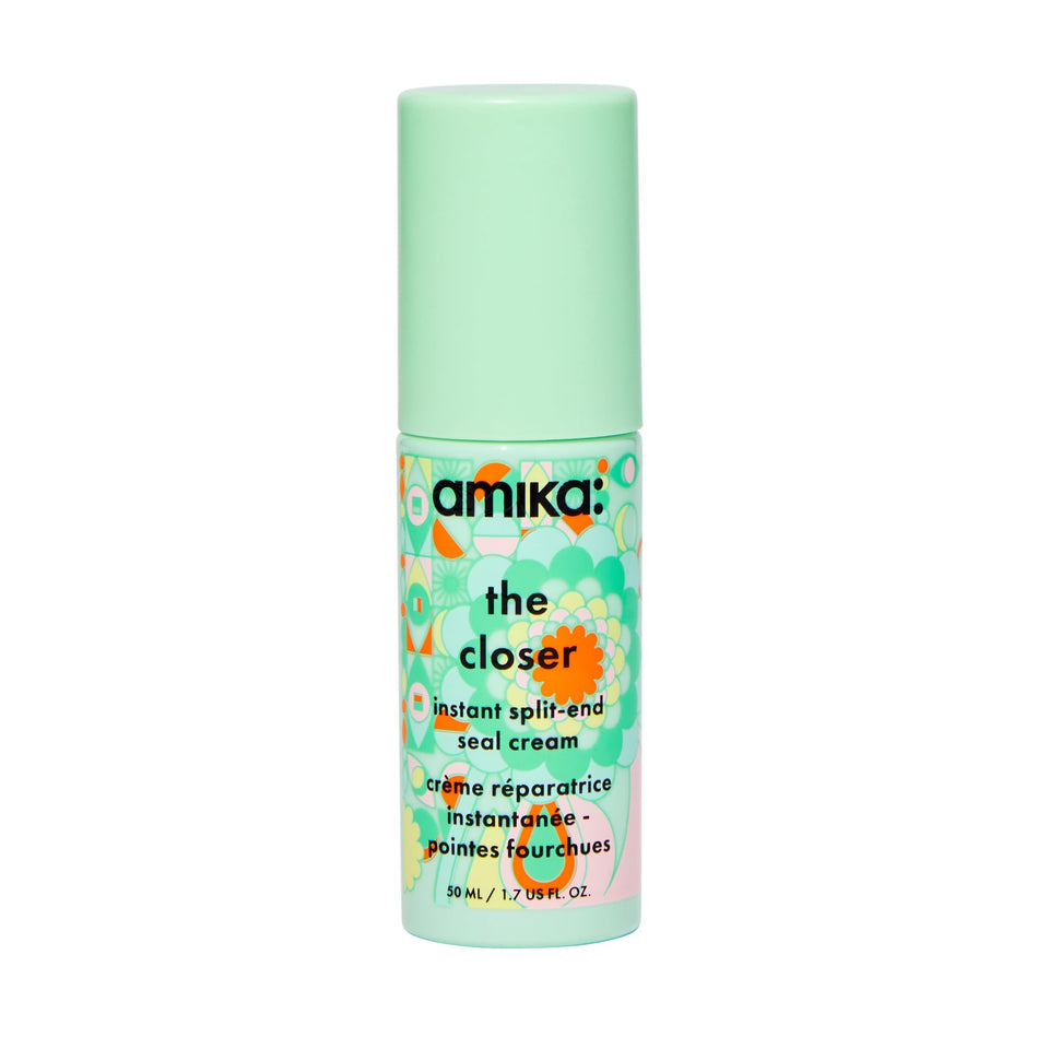 amika The Closer front packaging showing product and benefit for smoother ends