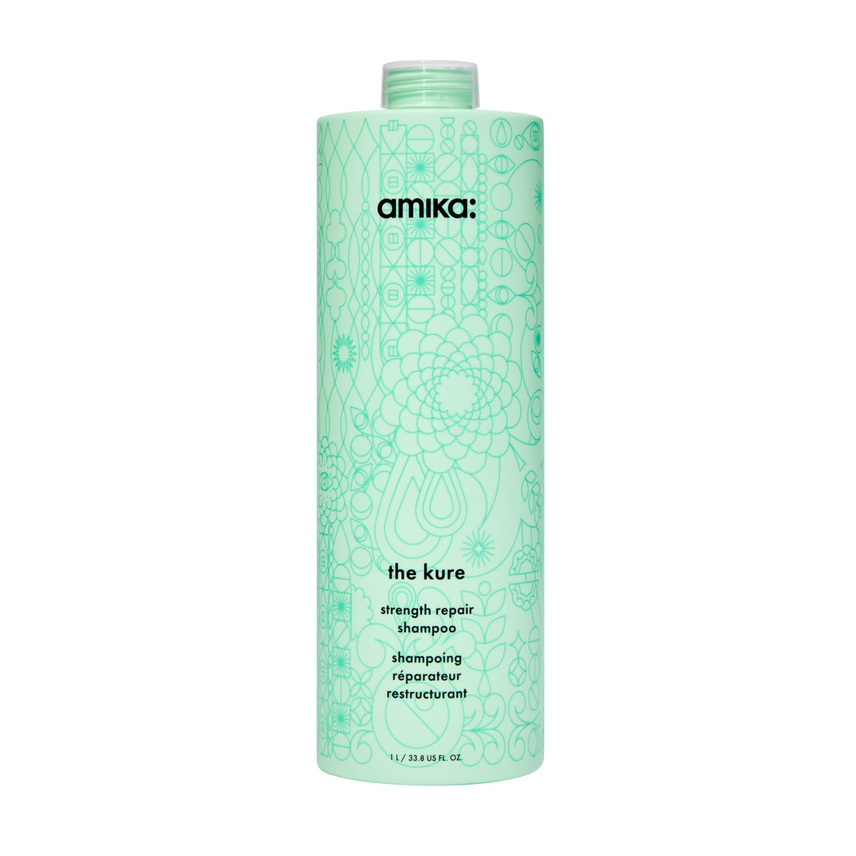 amika front-facing 1000ml bottle showing product and size benefit