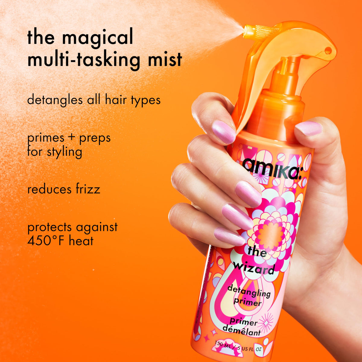 Amika spray nozzle close-up demonstrating fine mist for even coverage benefit