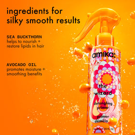 Amika texture on hair strand illustrating lightweight formula and smooth finish benefit