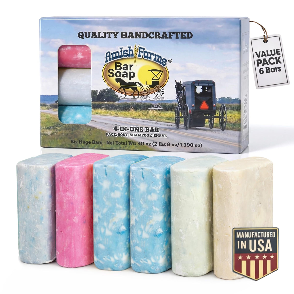 Amish Farms front packaging showing six bars and clean scent benefit