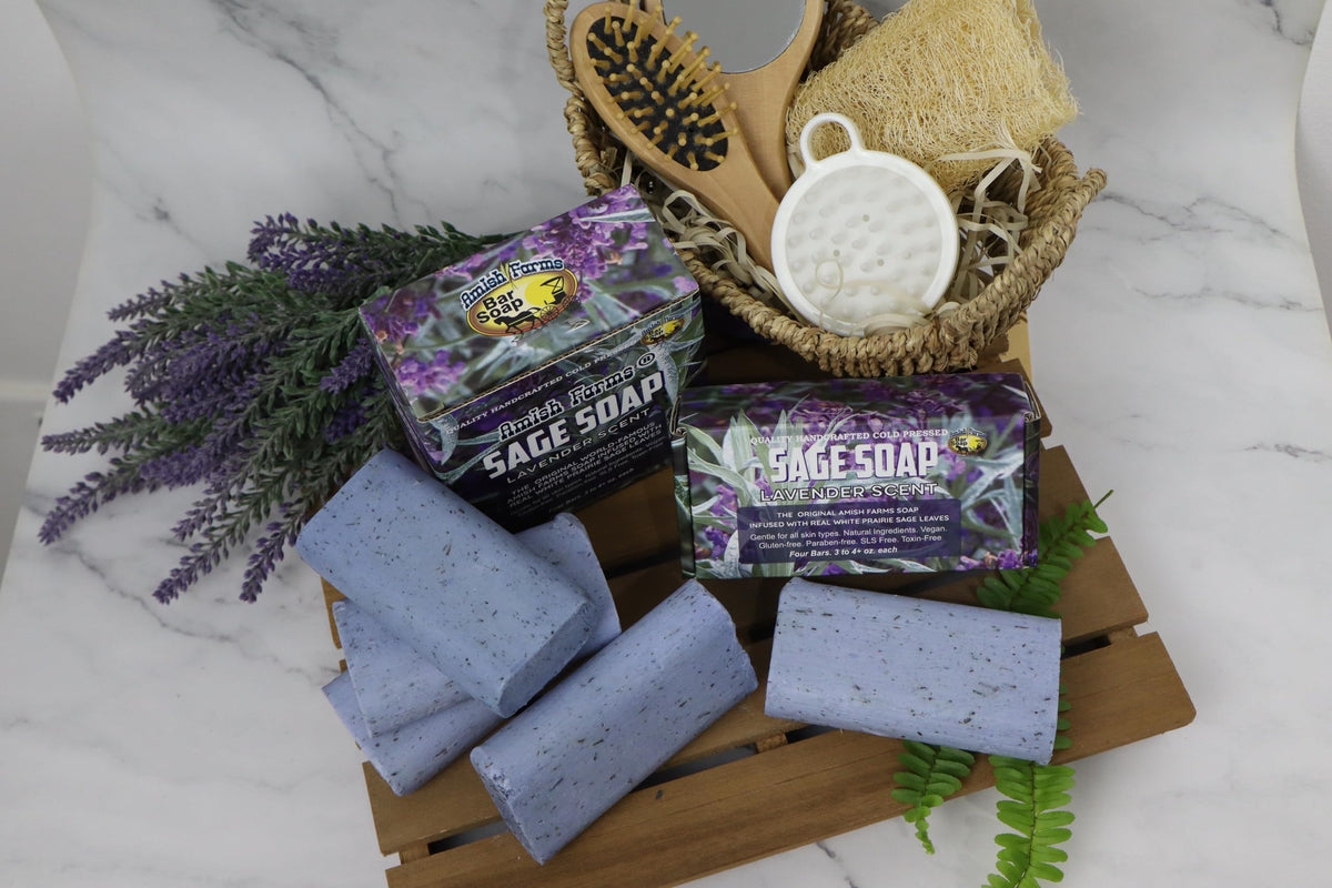 Amish Farms soap on bathroom shelf staged for a calming routine
