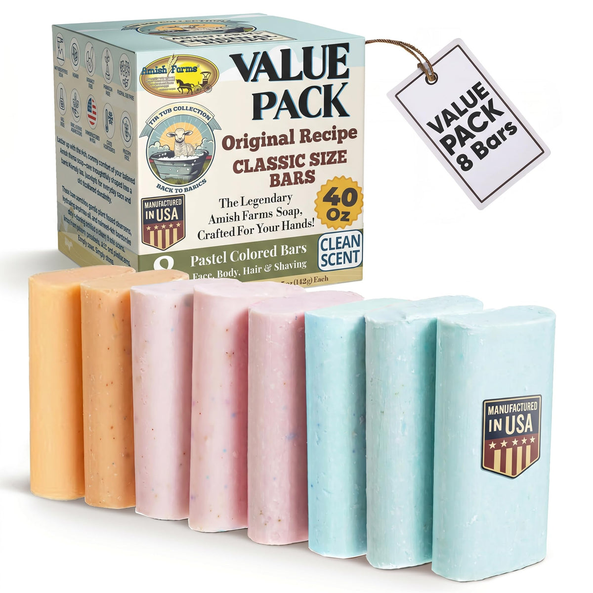 Amish Farms front packaging showing eight bars and value pack benefit