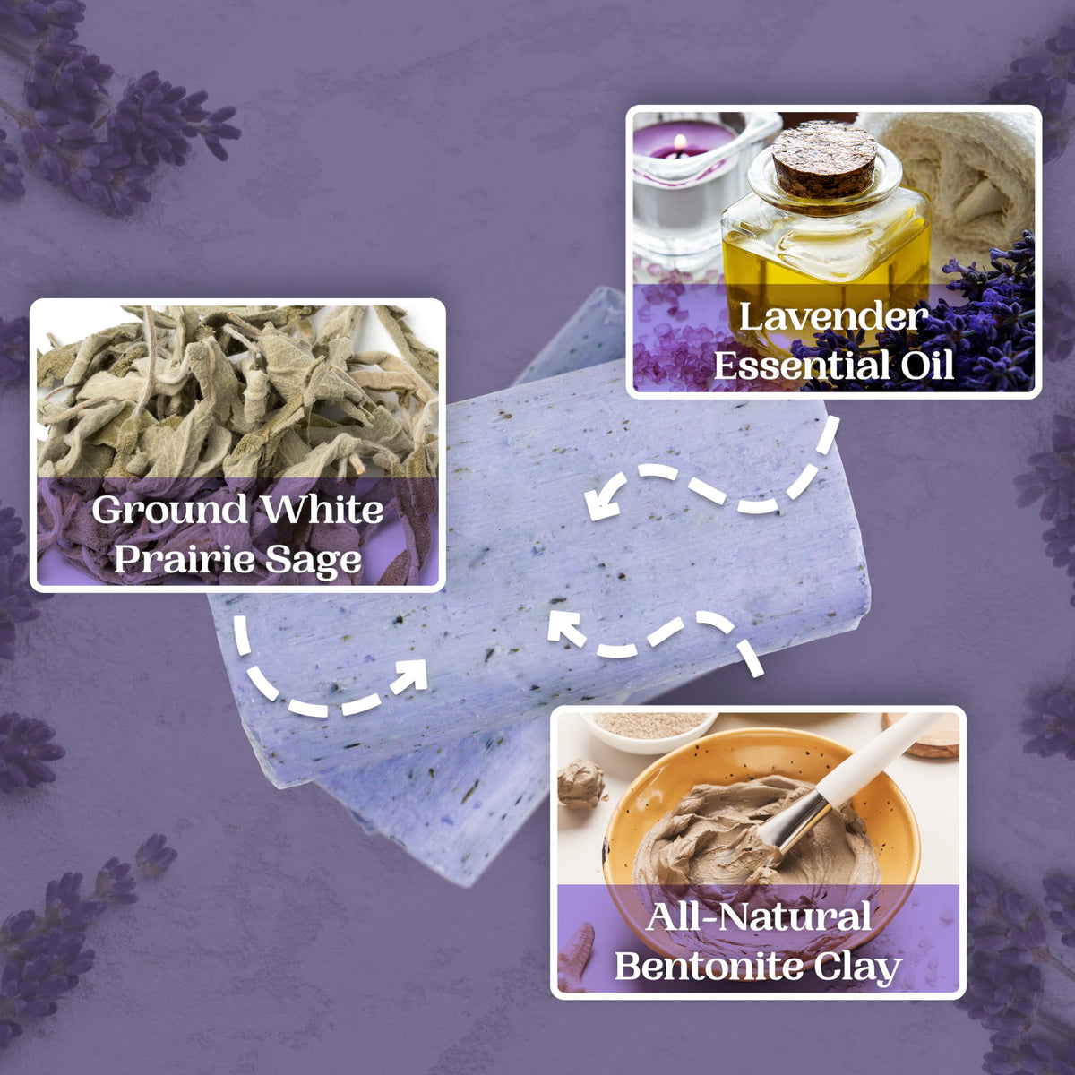 Amish Farms sage leaves and bentonite clay display emphasizing natural ingredients