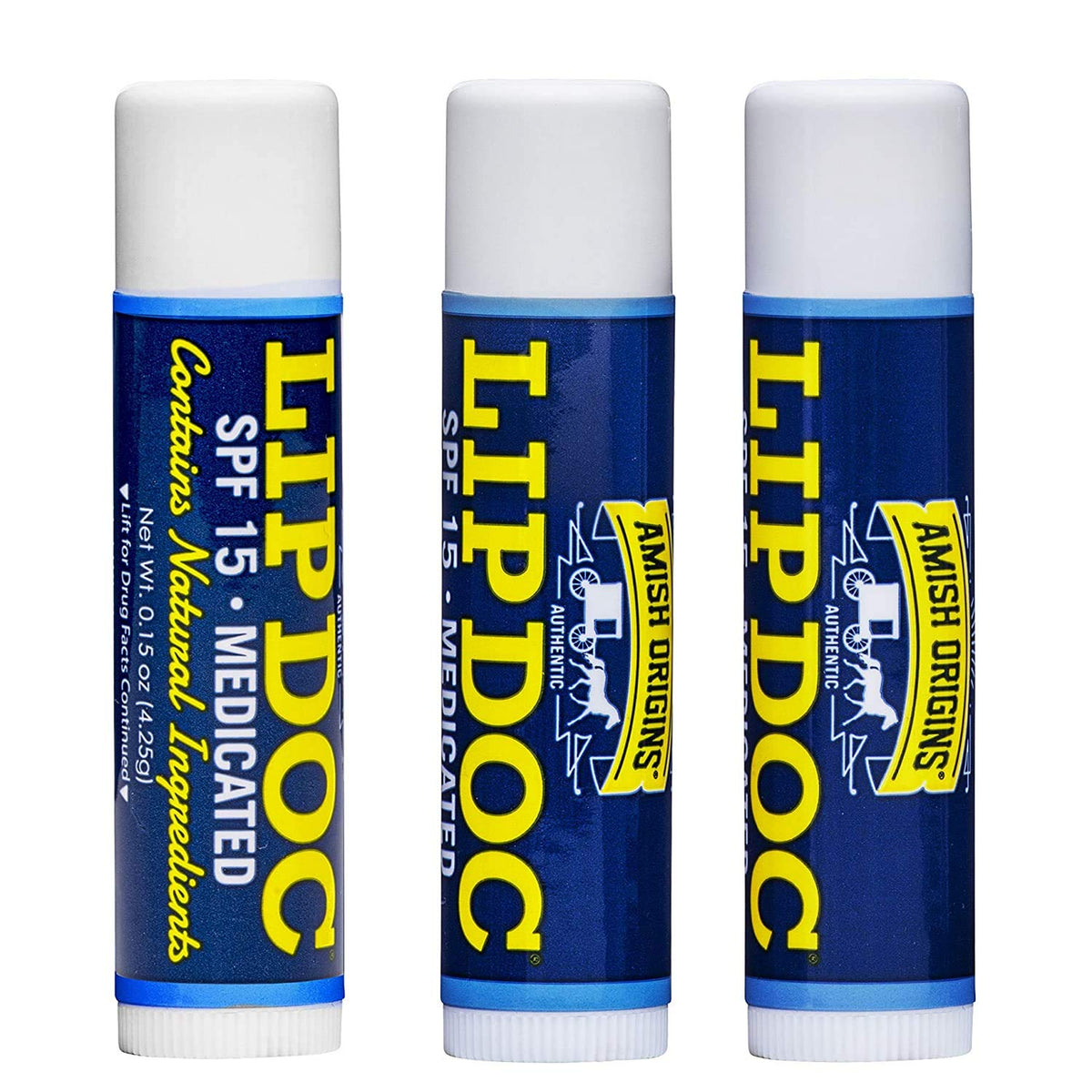 Amish Origins front packaging shows three lip balm tubes and benefits