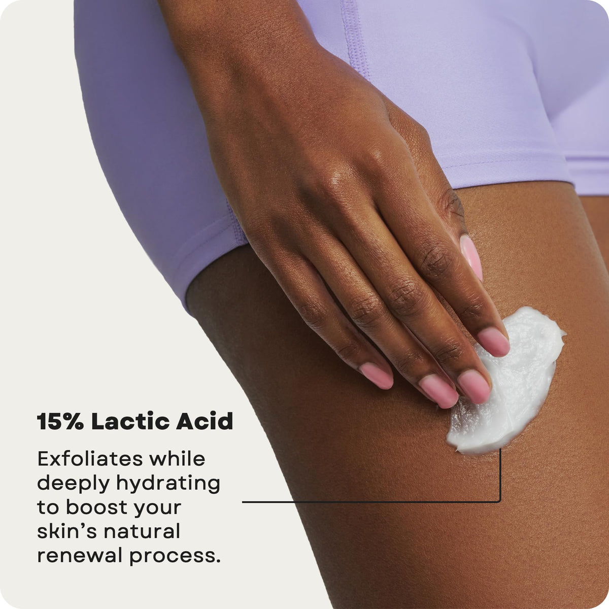 AmLactin shown being applied to forearm demonstrating gentle no-scrub exfoliation benefit