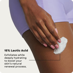 AmLactin shown being applied to forearm demonstrating gentle no-scrub exfoliation benefit