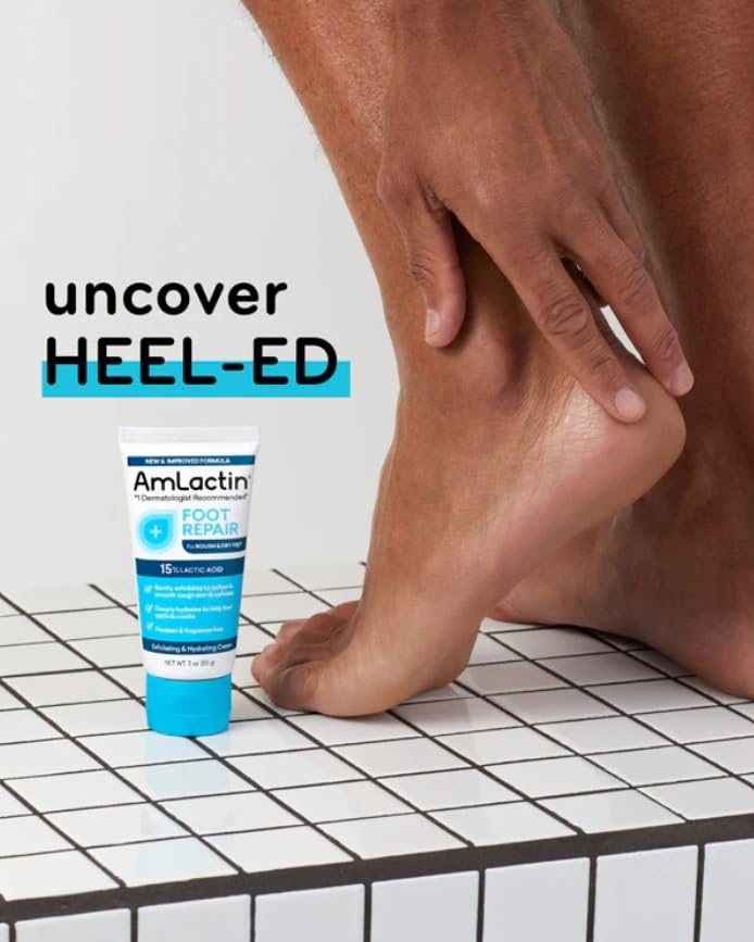 Applying AmLactin to heel illustrating targeted softening of rough, dry areas
