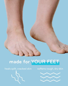 Bathroom counter display with AmLactin tubes and towels suggesting daily foot-care routine