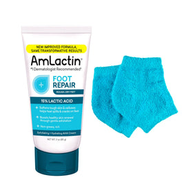 AmLactin front packaging showing tube and socks, clear product identity and benefit