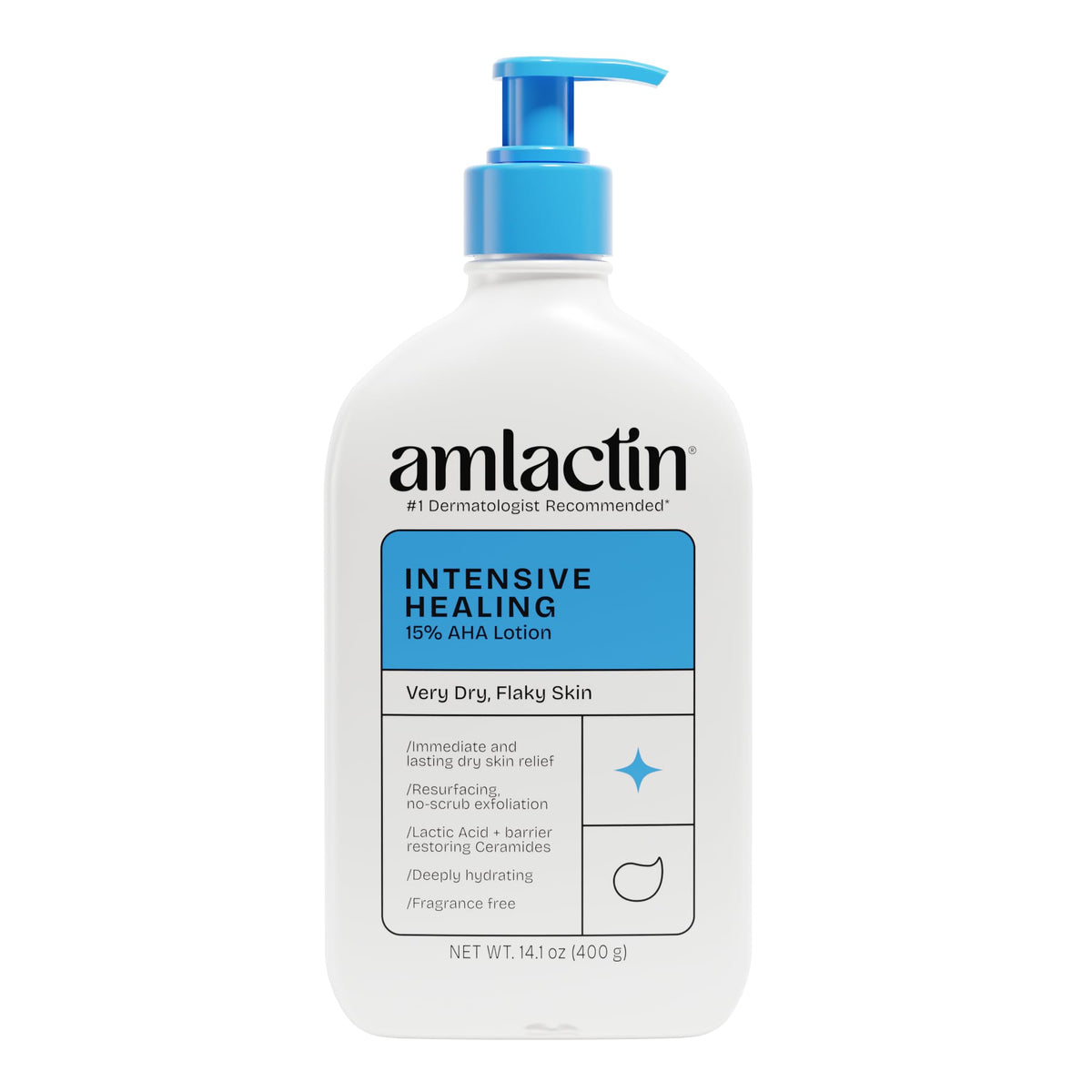 AmLactin front pump bottle showing packaging and easy dispensing benefit