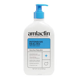 AmLactin front pump bottle showing packaging and easy dispensing benefit