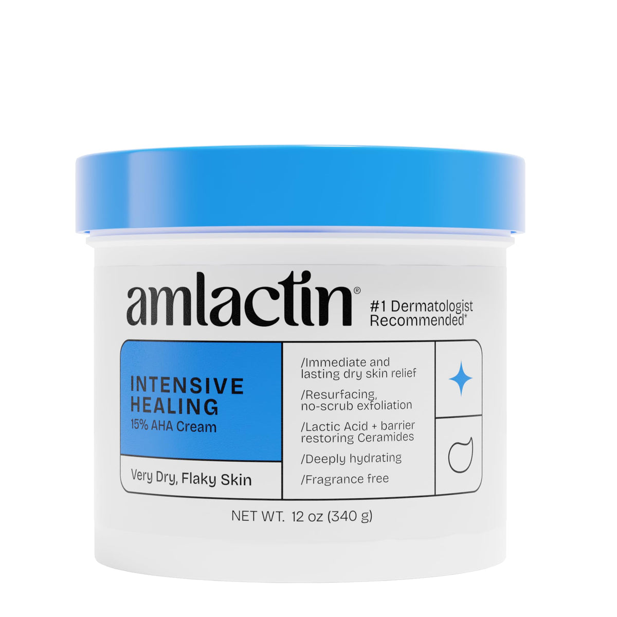 AmLactin tub front view showing product branding and size benefit