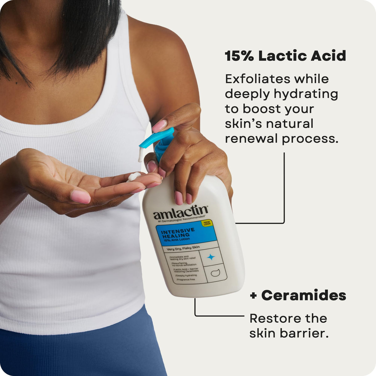 AmLactin pump dispensing product onto hand for quick application benefit