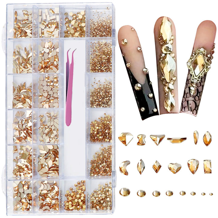 AMLAVIFISH front packaging showing gold rhinestones and included tweezers for neat storage and quick access