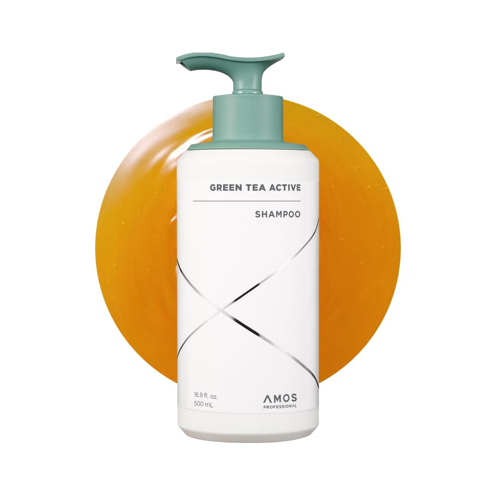 AMOS PROFESSIONAL front packaging showing green tea shampoo and volumizing benefit