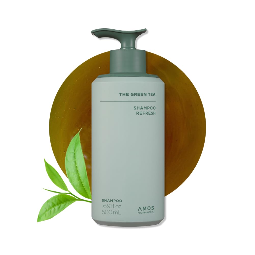 AMOS PROFESSIONAL bottle front view showing green tea shampoo for cleaner roots