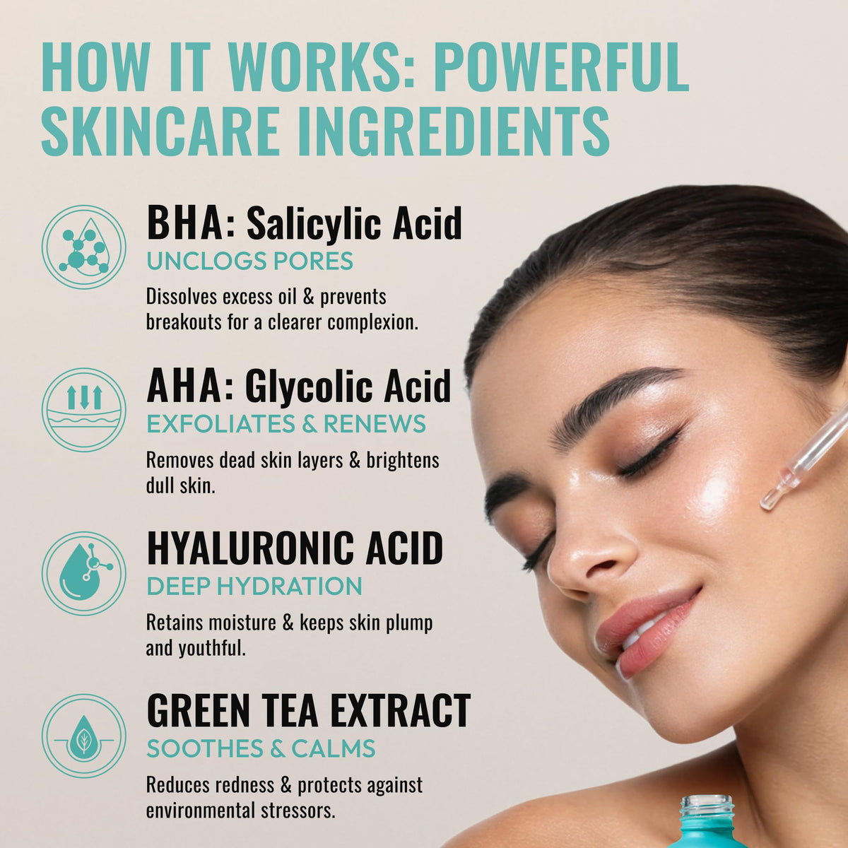 Amour De Moi ingredient label close-up highlighting BHA, AHA, hyaluronic blend benefits
