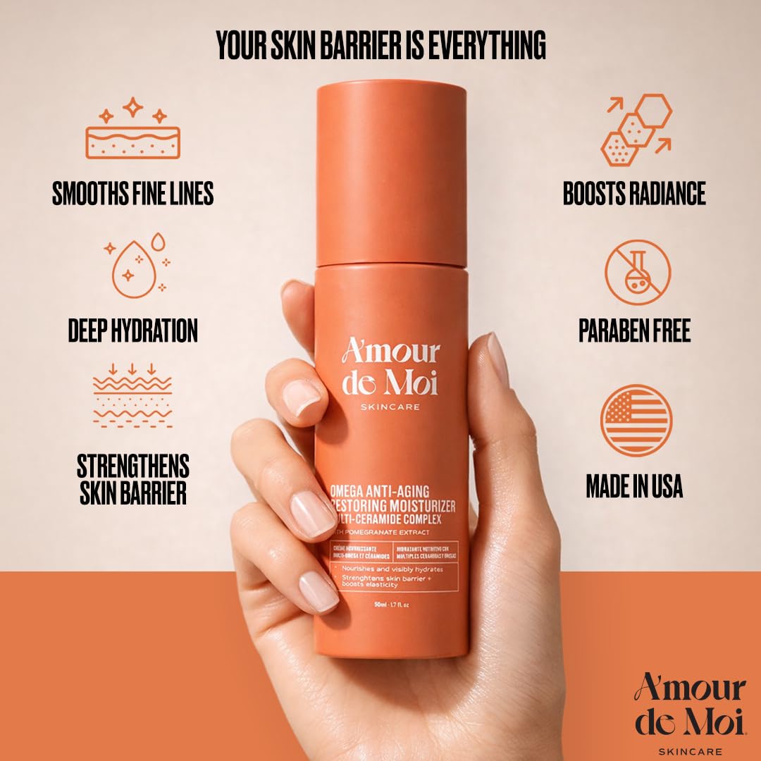 Amour De Moi packaging label detail highlighting ceramides and omegas benefits