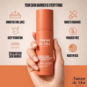 Amour De Moi packaging label detail highlighting ceramides and omegas benefits
