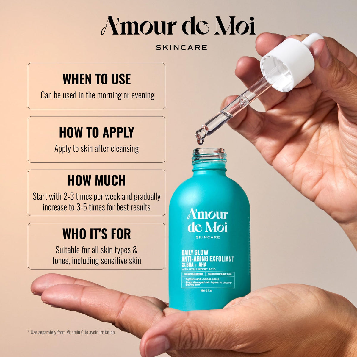 Amour De Moi pipette dispensing a drop, illustrating controlled application and potency