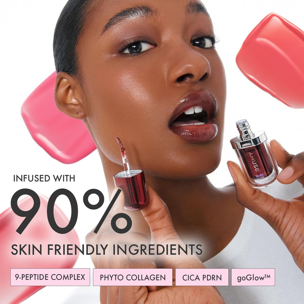Amuse on-model lips demonstrating NUROSE rosy gloss for a plump, luminous finish