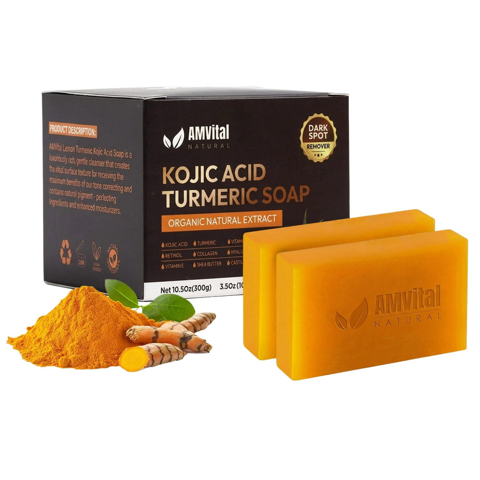 AMVital front packaging showing three turmeric kojic soap bars and benefits
