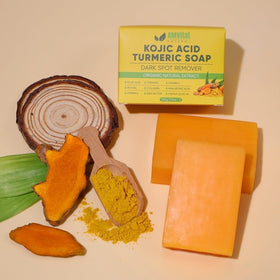 AMVital ingredients label close-up showing turmeric and kojic acid transparency